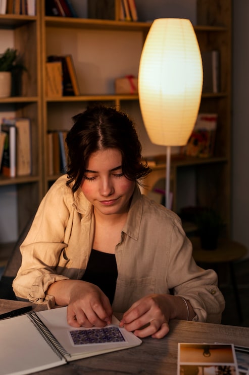 Donna di vista frontale con il diario a casa