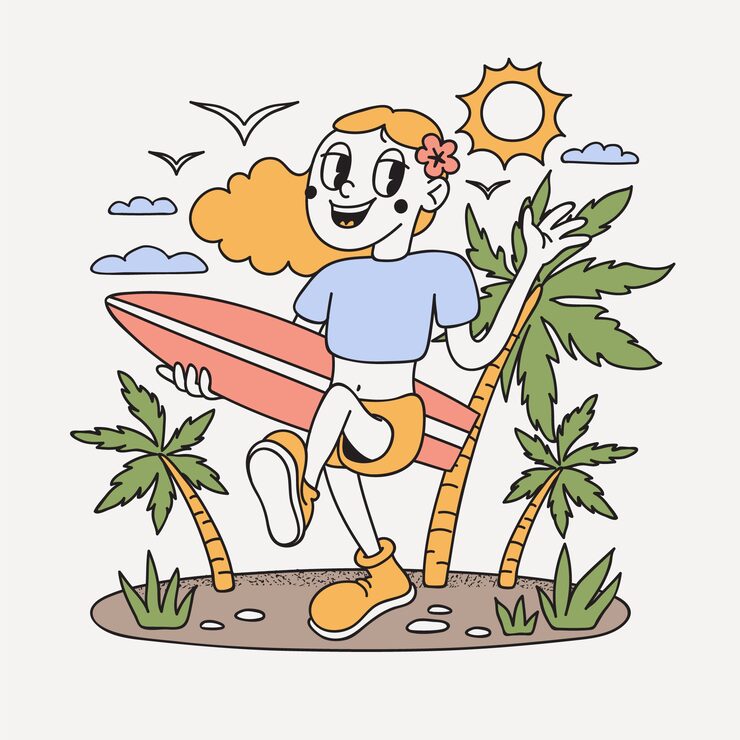 Hand drawn international surfing day retro cartoon illustration