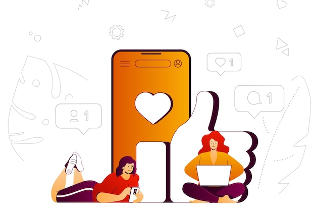 rede social conceito web mulheres conversando curtidas, compartilham e comentam postagens